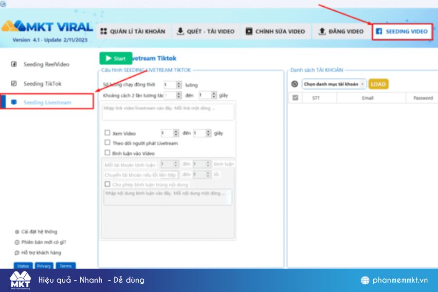 Chọn mục seeding livestream