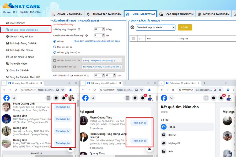 Phần mềm kết bạn tự động MKT Care